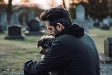 Generative AI picture of christian man with dog mourning at a funeral in a cemetery