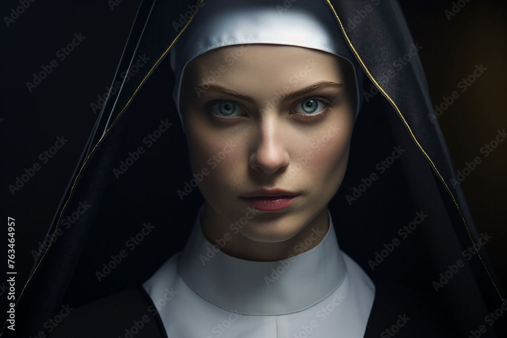 Wall mural Portrait of a nun on a black background made with generitive ai