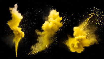 yellow paint powder splashes. Flows of magic dust with glitter particles and sparkle