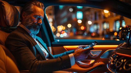 Stylish Businessman Using Smartphone in Luxury Car