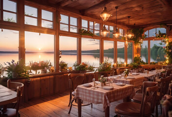 interior of a romantic cozy cafe on the terrace against the backdrop of nature, evening sunset, outdoor recreation,