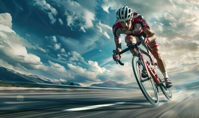 A male road cyclist in full gear aggressively pedals on a road embracing the challenge and spe. - obrazy, fototapety, plakaty