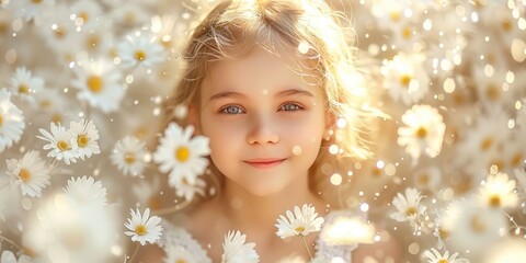Fototapeta premium A young girl stands surrounded by daisies in a field