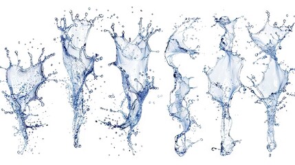 A dynamic set of water splashes frozen in time, isolated on a pristine white background, embodying the essence of refreshment