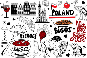Poland travel icons set of symbols of Polish traditional dishes, animals, flag, architecture. Bison and beaver, and cabanos. (English translation of dumplings, borscht, bigos)Vector illustration