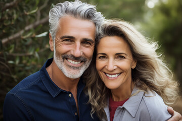 Fototapeta premium Generative ai photography of a cheerful elderly happy couple hugging and enjoying their romantic feelings