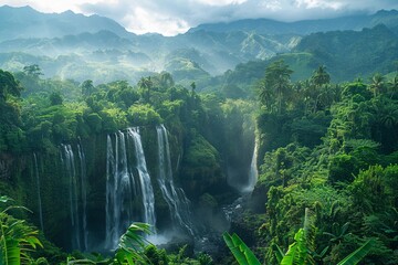 landscape view with a lot of plants and trees, waterfall and mountains behind,cinematic lighting, top view
