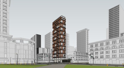 Stunning 3D Rendering of a Residential High Rise Building, Daytime, Modern skyscraper