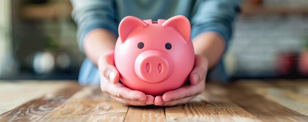 Obraz premium A detailed close-up mans of hands cradling a piggy bank, highlighting financial security or savings. Money concept. copy space for text