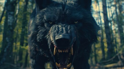 Close-up of a black roaring wolf with large mouth and teeth with forest background.