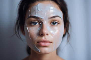 Photo of adult woman with problematic skin on beauty procedure therapy natural mask in spa...