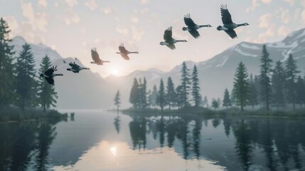 Canada geese fly in an O shape. - obrazy, fototapety, plakaty