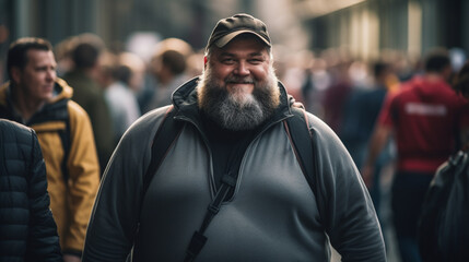 Plus-Size Model Man walking in the busy crowded street carrying a backpack