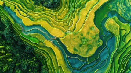 Bottom view or aerial photograph of bright green and yellow rice fields, Longsheng District, China. First person view realistic daylight view --ar 16:9 Job ID: bc90e086-83b7-4e18-a956-cf1540fd61b7 - Powered by Adobe