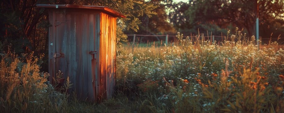 An old rustic wooden toilet or outhouse stands amidst a field of colorful wildflowers during sunset, radiating a serene countryside vibe.
