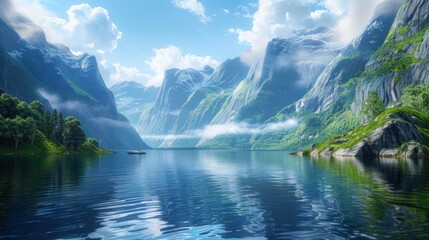 Lake in the Mountains: A serene landscape featuring a tranquil lake nestled amidst towering mountains, reflecting the vivid blue sky and fluffy clouds