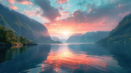 Papier Peint photo Lavable Réflexion Golden Horizon: A serene scene of the sun setting over the calm lake, painting the sky with hues of orange and red, reflecting its beauty on the tranquil water