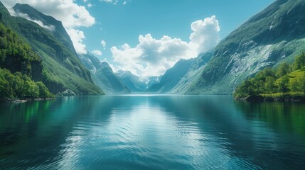 Mountain Lake Serenity: A tranquil scene of a mountain lake nestled amidst majestic peaks, reflecting the sky and surrounded by lush forests - obrazy, fototapety, plakaty