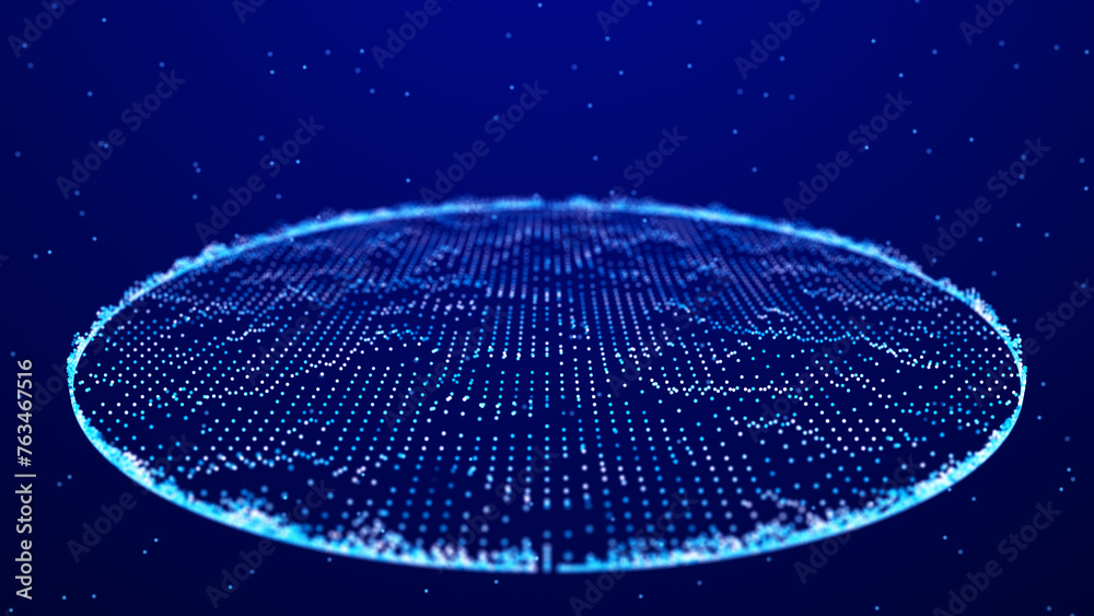 Fototapete Abstract blue background of points. Wave of particles. Falling cyber particles. Big data stream. 3d rendering