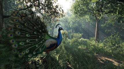 Beautiful peacock in the middle of the forest.