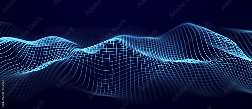 Leinwandbilder Abstract blue background of points and lines. Blue wave. Network or connection. Big data stream. 3d rendering