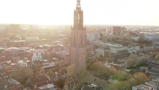Aerial view of Amersfoort at spring season with the Lieve Vrouwe Tower, The Netherlands, Town Skylin