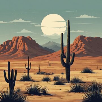 Desert landscape with saguaro cactus and mountains. Negative space illustration.Flat design