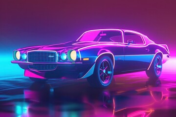 A car driving down a city street at night with neon lights on the buildings and buildings