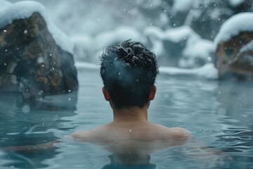 Asian man bathes in a hot thermal spring. Rest. Winter snow. relax - obrazy, fototapety, plakaty
