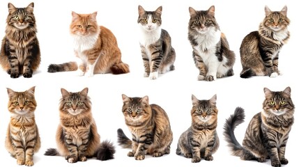 A charming collection of cats captured in various adorable poses, each displaying its unique personality against a pristine white background