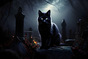 black cat guarding the cemetery.
Generative ai - obrazy, fototapety, plakaty