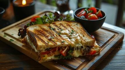 Traditional melted grilled cheese toasted sandwich served on wooden tray
