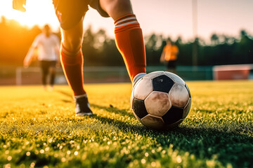 A soccer player kicks a ball on a field. The player is wearing red socks and is in the process of kicking the ball - obrazy, fototapety, plakaty