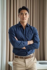 Obraz premium Asian man is standing in front of a window, his arms crossed. He looks out contemplatively, the sunlight casting shadows in the room