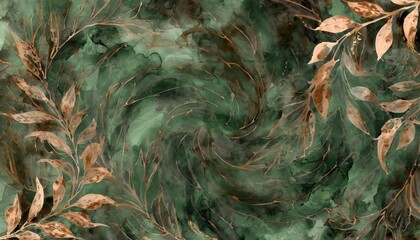 fall watercolor marble texture dark leaf green autumn background earthy natural wavy abstract swirl backdrop - obrazy, fototapety, plakaty