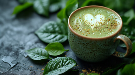 Cup of green Japanese matcha latte with latte art, warm drink - obrazy, fototapety, plakaty