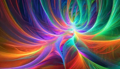 Foto auf Glas abstract background energy of fractal realms super glow neon colorful vibrant vivid color music wave calm rhythm background ultra wide 21 9 wallpaper © Richard