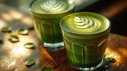 Cup of green Japanese matcha latte with latte art, warm drink