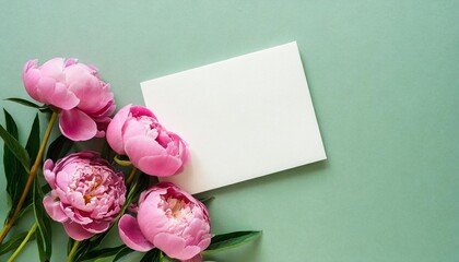 greeting card mockup and beautiful pink peonies flowers frame on pastel green background with copy...
