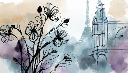 watercolor thin black outline flowers in the foreground against a faded misty background of paris