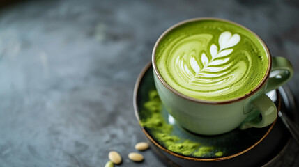 Cup of green Japanese matcha latte with latte art, warm drink - obrazy, fototapety, plakaty