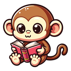 Obraz premium Cute Cartoon Monkey reading a book vector illustration
