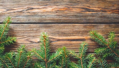 creative background image of wooden surface and spruce branches with space for text