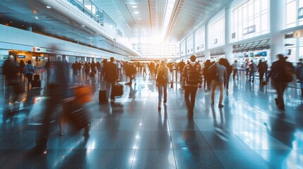 Crowded modern airport terminal with travelers rushing to their gates blurred background - obrazy, fototapety, plakaty