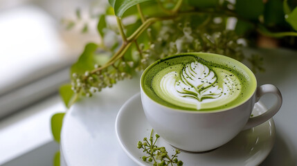 Cup of green Japanese matcha latte with latte art, warm drink