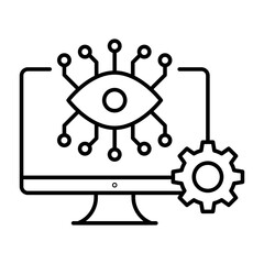 Black thin like icon for Digital Innovation, Smart Technology: Vector Icon of Desktop, AI Eye, Cog for web and mobile application. 