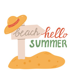 Background of a summer sea beach with a greeting.Hello, summer, a set of elements in the sand. The pointer is the beach, the hat.