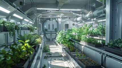 A space garden is a designated area for growing plants in space. These gardens can be located in space stations, modules, or even on planets. First person view realistic daylight view 