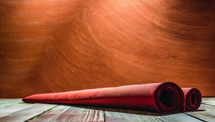 photo background is orange red textured wall rolling in the floor studio photography background illuminated by the directed light traditional painted canvas or muslin fabric cloth studio backdrop - obrazy, fototapety, plakaty