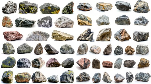 A diverse collage of outdoor photos featuring big granite stones isolated on a white background, showcasing nature's rugged beaut